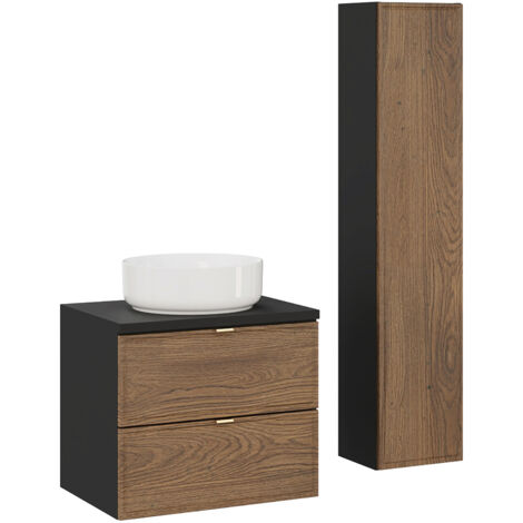 Badmöbel-Set 2-teilig mit 60 cm Waschtisch und Hochschrank in Eiche und schwarz - TARSIA-56