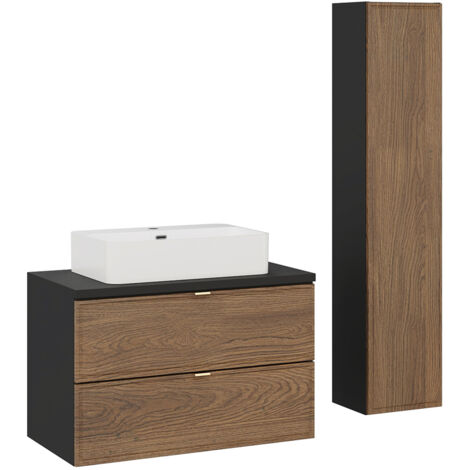 Badmöbel-Set 2-teilig mit 80 cm Waschtisch und Hochschrank in Eiche und schwarz - TARSIA-56