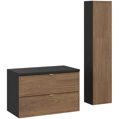 Badmöbel-Set 2-teilig mit 80 cm Waschtischunterschrank und Hochschrank in Eiche und schwarz - TARSIA-56