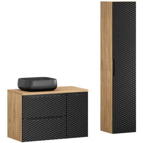 Badmöbel Set 2-teilig mit 90cm Doppelwaschtisch in Eiche mit schwarz OLUO-56-BLACK, Front mit 3D-Struktur in Wellenoptik
