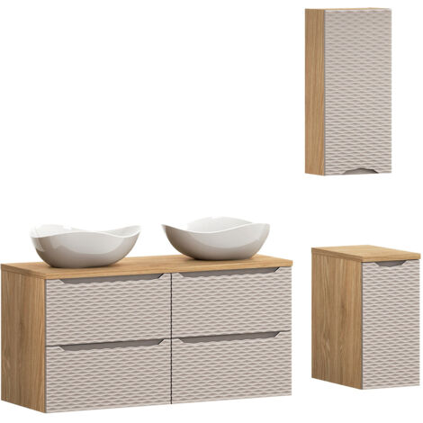 Badmöbel Set 3-teilig mit 120cm Doppelwaschtisch, Eiche mit beige, OLUO-56-BEIGE