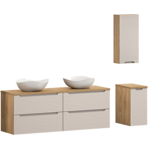 Badmöbel Set 3-teilig mit 160 cm Waschtisch, LONDON-56-BEIGE, in Eiche mit beige
