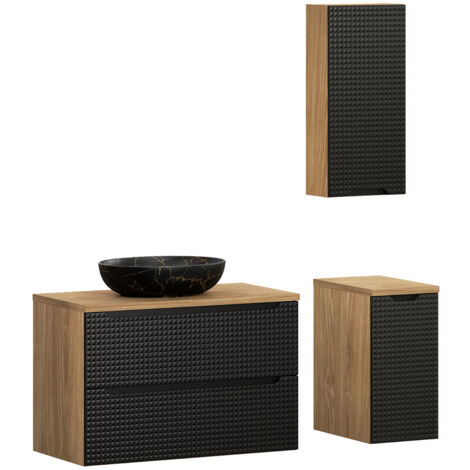 Badmöbel Set 3-teilig mit 90 cm Waschtisch in Eiche mit schwarz, LONDON-56-BLACK