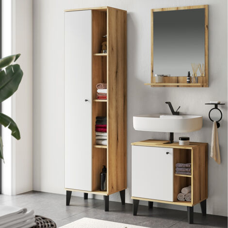 Badmöbel-Set 3-teilig mit Waschbeckenunterschrank 60 cm, Spiegel, Hochschrank, in Eiche mit weiß OLEAN-61