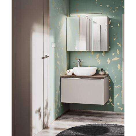 Badmöbel Set 3-tlg Badezimmerset AKAN Taupe Spiegelschrank 80cm inkl. Waschtisch