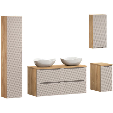 Badmöbel Set 4-teilig mit 120cm Doppelwaschtisch, Eiche mit beige, OLUO-56-BEIGE