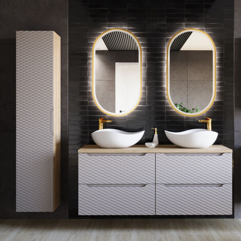 Badmöbel Set 4-teilig mit 120cm Doppelwaschtisch, Eiche mit beige, OLUO-56-BEIGE