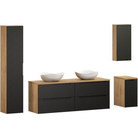 Badmöbel Set 4-teilig mit 160 cm Waschtisch in Eiche mit schwarz, LONDON-56-BLACK