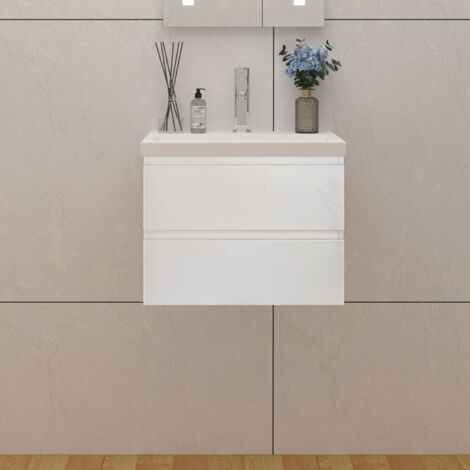 Badmöbel Set 50cm Waschtisch mit Unterschrank Gäste WC Hochglanz Weiß Waschbecken Keramik