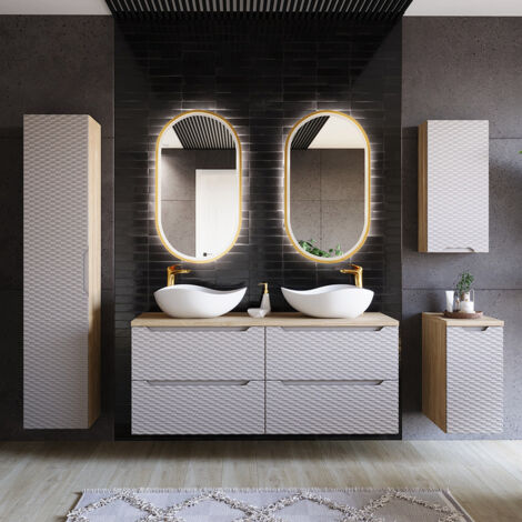 Badmöbel Set 6-teilig mit 120cm Doppelwaschtisch, Eiche mit beige, OLUO-56-BEIGE