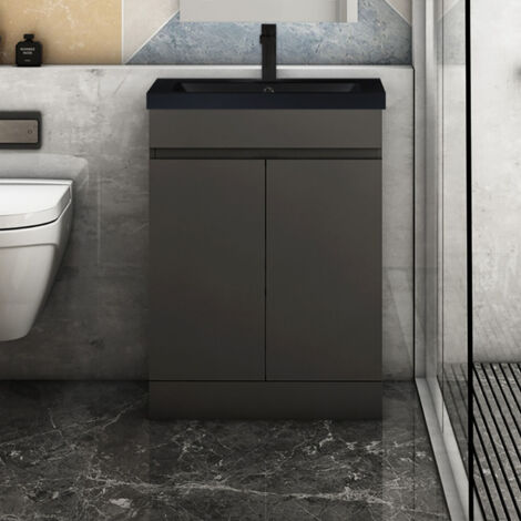 Badmöbel Set 60 cm Unterschrank mit Schwarz Mineralguss waschtisch Unterschrank mit Anthrazit