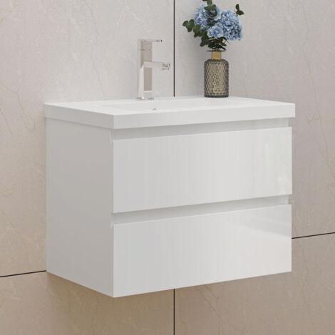 Badmöbel Set 60cm Waschtisch mit Unterschrank Gäste WC Hochglanz Weiß Waschbecken Keramik dick