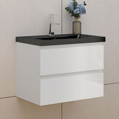 Badmöbel Set 60cm Waschtisch mit Unterschrank Gäste WC Hochglanz Weiß Waschbecken Mineralguss Schwarz
