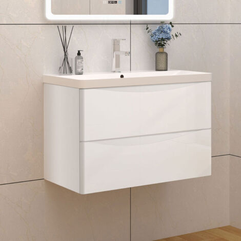 Badmöbel Set 80cm Weiß Hochglanz Waschbecken mit Soft-Close Unterschrank Waschtisch