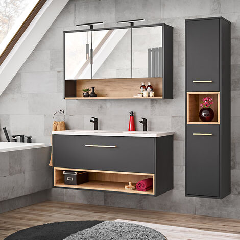Badmöbel Set BOLOGNA-56 in anthrazit mit Artisan Eiche Nb. mit Doppelwaschtisch und Spiegelschrank, B/H/T: ca. 172/200/46 cm