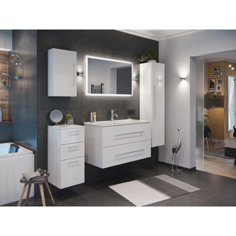 

Set de mueble de baño Firenze 100 (5 part./B) Blanco brillante incl. Espejo-LED