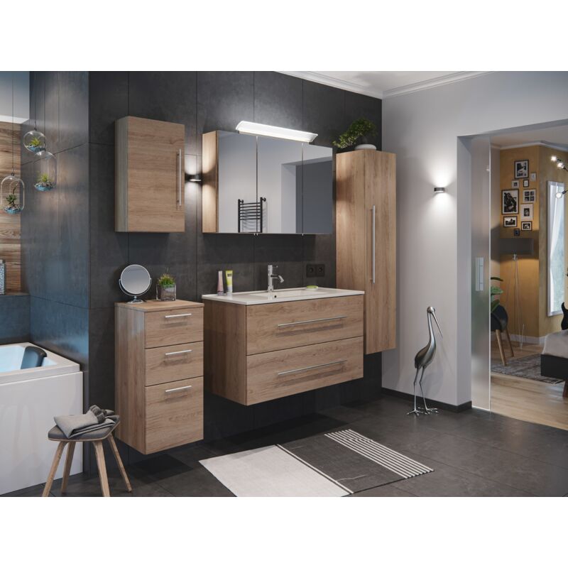 

Set de mueble de baño Firenze 100 (5 part./C) Roble claro y armario espejo