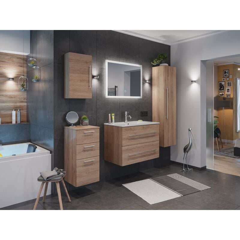 

Set de mueble de baño Firenze 80 (5 part./B) Roble claro incl. Espejo-LED