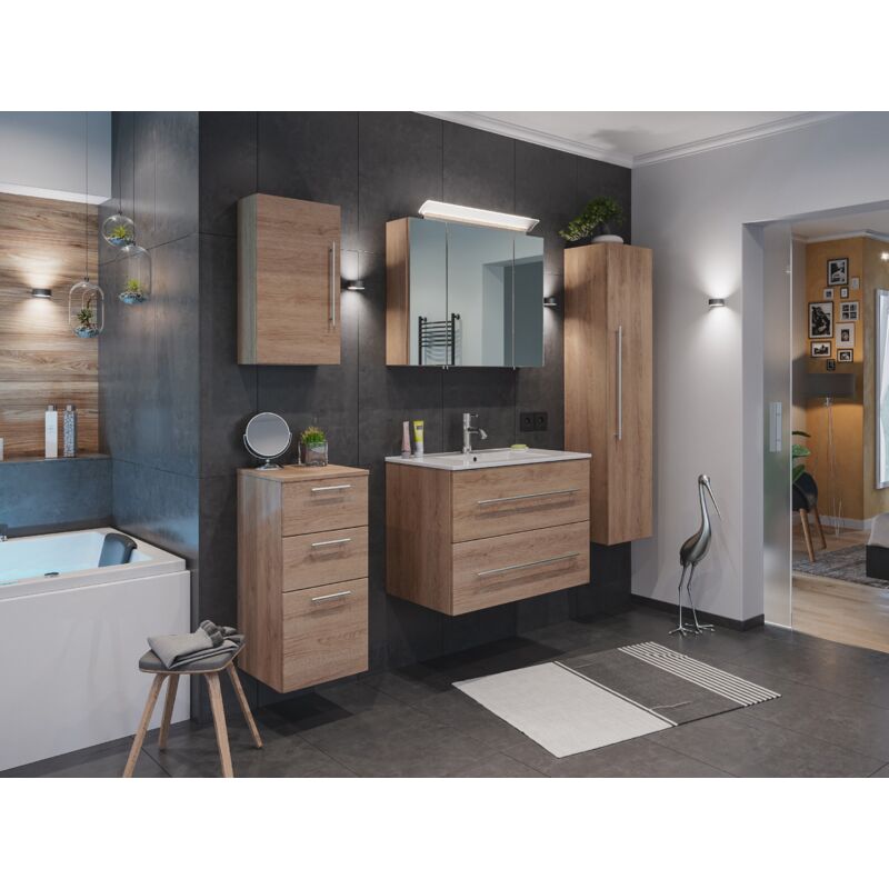 

Set de mueble de baño Firenze 80 (5 part./C) Roble claro y armario espejo