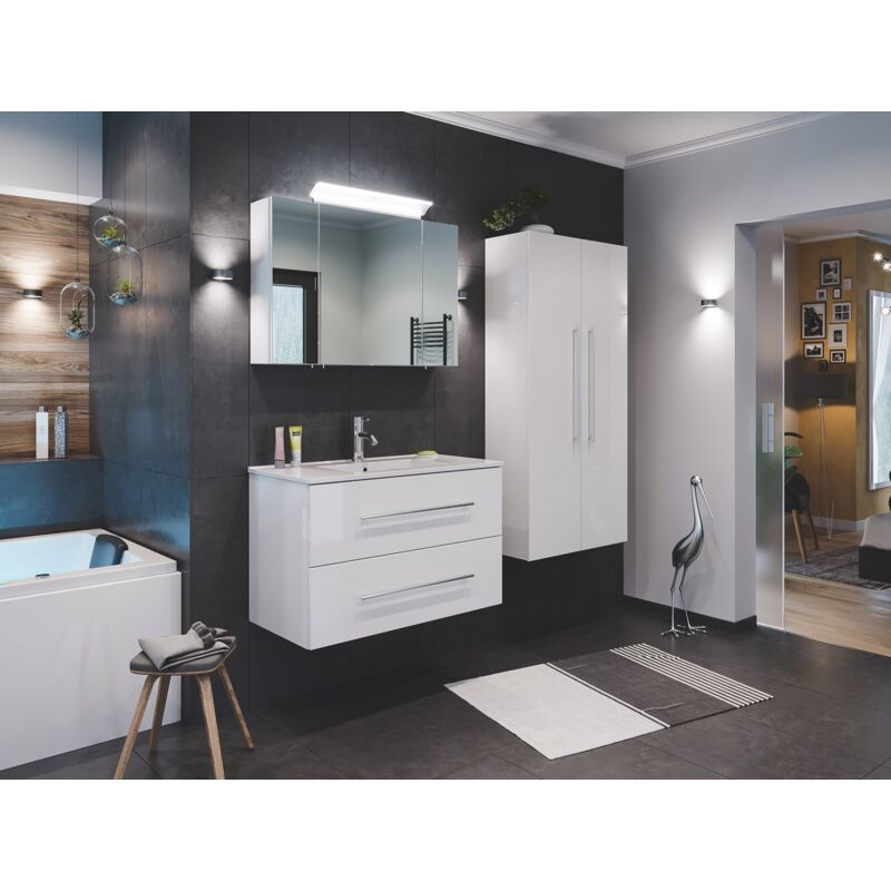 

Set de mueble de baño Firenze 90 (4 part./C) Blanco brillante y armario espejo