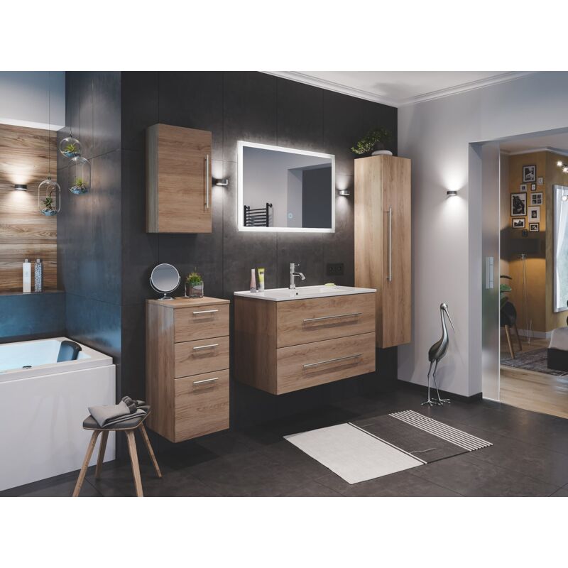 

Set de mueble de baño Firenze 90 (5 part./B) Roble claro incl. Espejo-LED