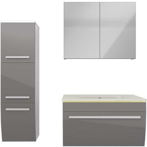 Badmöbel Set Gently 3 V2-L Weiß/Grau Badezimmermöbel Badspiegel Waschtisch 70 cm mit 1x 5W LED / Energiebox