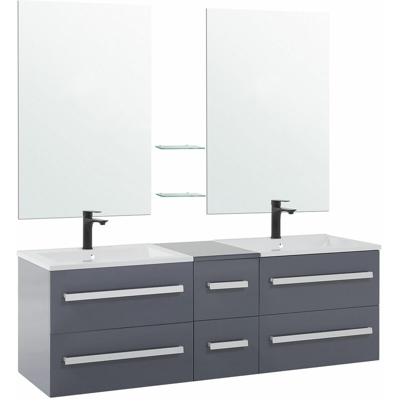 Beliani - Badmöbel Grau MDF Platte Spanplatte SMC-Kunststoff 48 x 150 x 45 cm Modern Elegant Multifunktional 2 Spiegel 2 Waschbecken - Grau