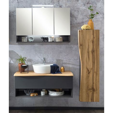 Badmöbel Set in anthrazit mit Wotan Eiche Nb. in Baumkantenoptik KAHLA-03 Spiegelschrank inkl. LED Beleuchtung, B/H/T: ca 158,5/200/52 cm