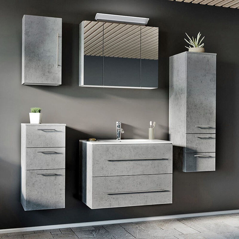 Badmöbel-Set in Beton-Optik mit 80cm Mineralguss-Waschtisch ABUJA-02 mit LED-Spiegelschrank, B/H/T: 181/200/46cm