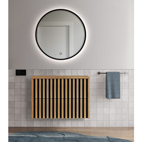 Badmöbel Set in Eiche Nb. mit Lamellenfronten LUCCA-107 LED-Spiegel, 80 cm Waschbeckenunterschrank, B/H/T: ca. 81/200/45,5 cm