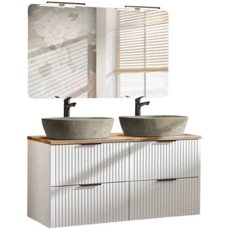Badmöbel Set matt weiß gerillt ADELAIDE-56-WHITE LED-Spiegel,120 cm Doppel Waschtisch mit Keramikbecken