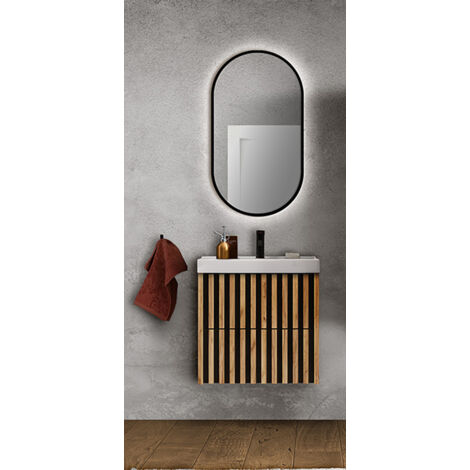 Badmöbel Set mit 60 cm Waschtisch LUCCA-107 in Eiche Nb. mit Lamellenfronten, B/H/T: ca. 61/200/46 cm