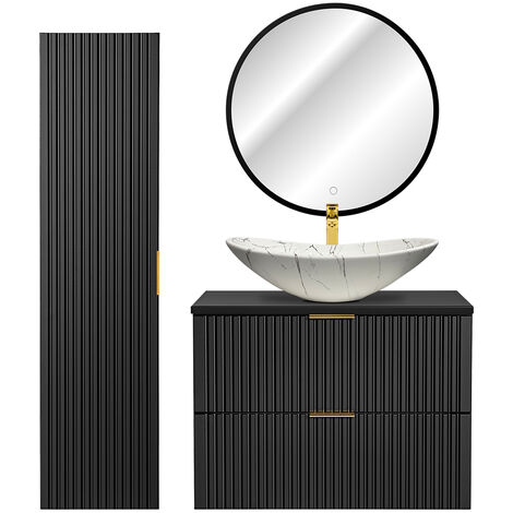 Badmöbel Set mit 81cm Waschtisch, Hochschrank, LED-Spiegel und Keramik-Waschbecken, schwarz matt gerillte Front, ADELAIDE-56-BLACK, B/H/T ca. 130/200/46,5 cm