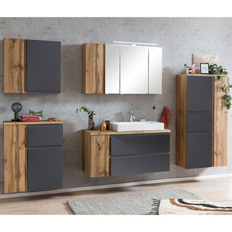 Badmöbel Set mit Aufsatz-Waschbecken rechts, Wotan Eiche Nb. mit matt grau, VASTO-03-GREY, B/H/T ca. 265/200/47 cm