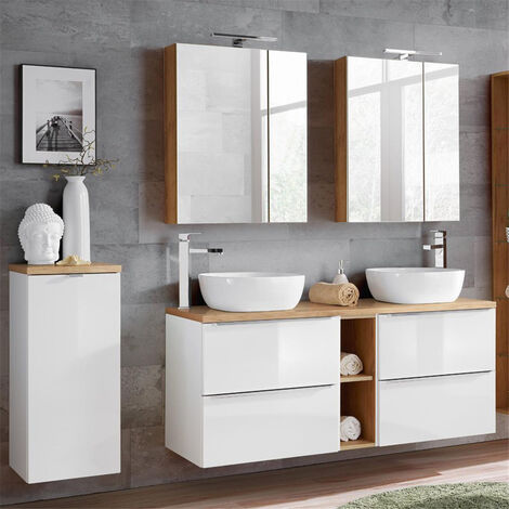 Badmöbel Set mit Doppel-Waschtisch inkl. 2 Keramik-Aufsatzbecken TOSKANA-56 Hochglanz weiß/Wotaneiche BxHxT ca. 195/190/46cm
