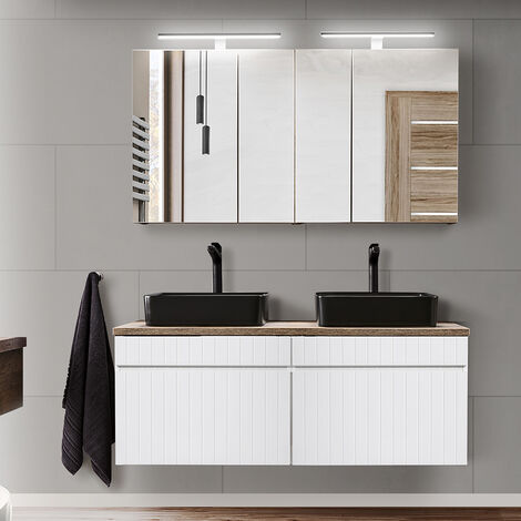 Badmöbel Set mit Doppelwaschtisch 120 cm in weiß matt mit Vintage Eiche Nb. IRAKLIO-56 Keramik Waschbecken schwarz und LED Spiegelschränke, B/H/T: ca. 120,4/200/46 cm