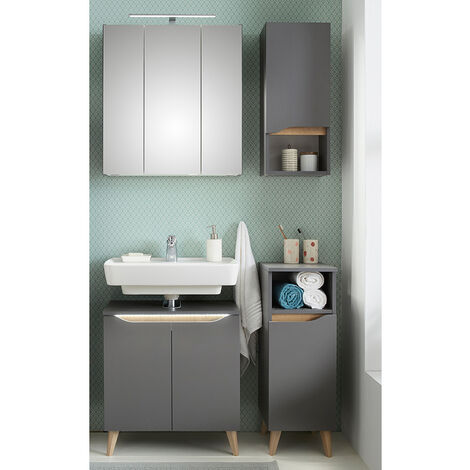Badmöbel Set mit Füßen in Holzoptik QENA-66 in Quarzgrau Matt Touch mit Riviera Eiche Nb., B/H/T ca. 110/190/33 cm
