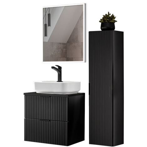 Badmöbel Set mit Keramik Waschbecken und LED Spiegel, matt schwarz mit gerillter Front, ADELAIDE-56-BLACK, B/H/T ca. 110/200/46,5 cm