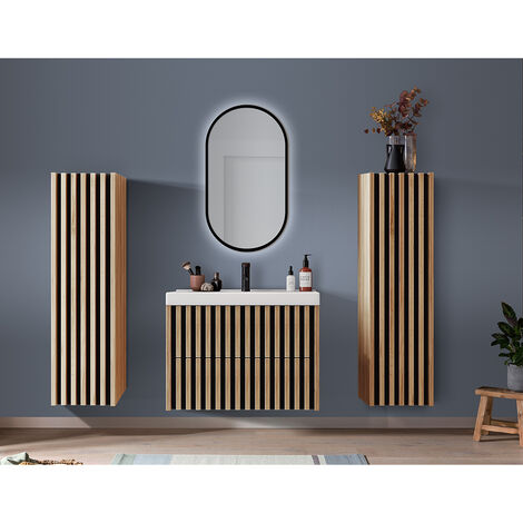 Badmöbel Set mit LED Spiegel und 80 cm Waschtisch LUCCA-107 in Eiche Nb. mit Lamellenfronten, B/H/T: ca. 190/200/46 cm