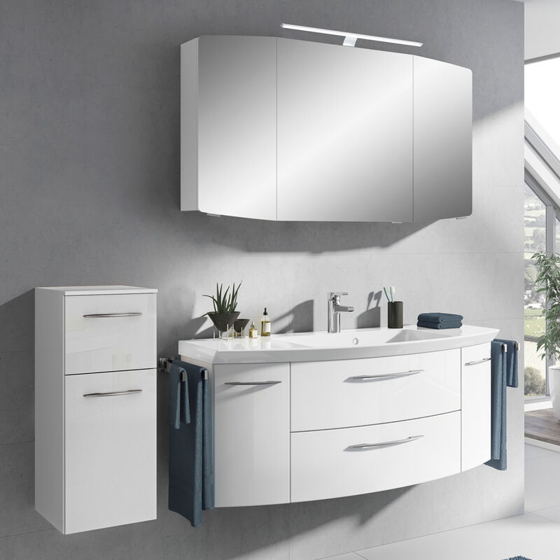Badmöbel Set mit LED-Spiegelschrank und 121cm Waschtisch CERVIA-66 in Hochglanz weiß, B/H/T: 168/200/50,5 cm