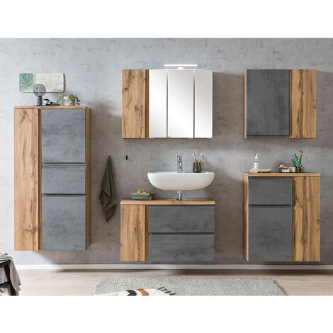 Badmöbel Set mit Midischrank, stehend oder hängend, in Wotan Eiche Nb. mit Beton Optik, VASTO-03-CONCRETE, B/H/T ca. 245/200/35 cm