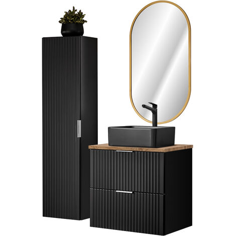 Badmöbel Set mit schwarzem Keramik Waschbecken und LED Spiegel, matt schwarz mit Eiche Nb., gerillte Front, ADELAIDE-56-BLACK, B/H/T ca. 110/200/46,5 cm