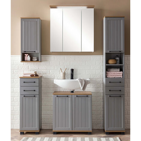 Badmöbel Set mit Spiegelschrank, 5-teilig, grau mit Eiche Nb. im Landhaus Design, JAUSA-80