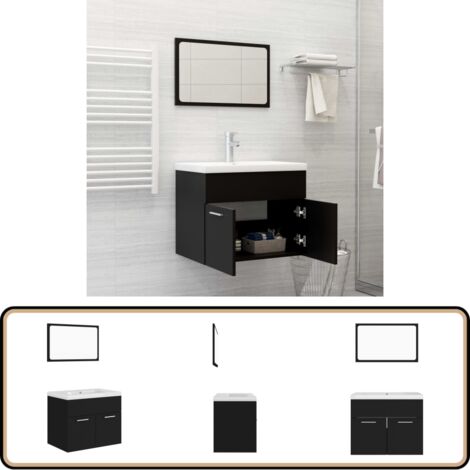 Badmöbel-Set Schwarz Holzwerkstoff - Badezimmersatz - Schreibtisch - Unterschrank - Spiegelschrank - Waschtrog