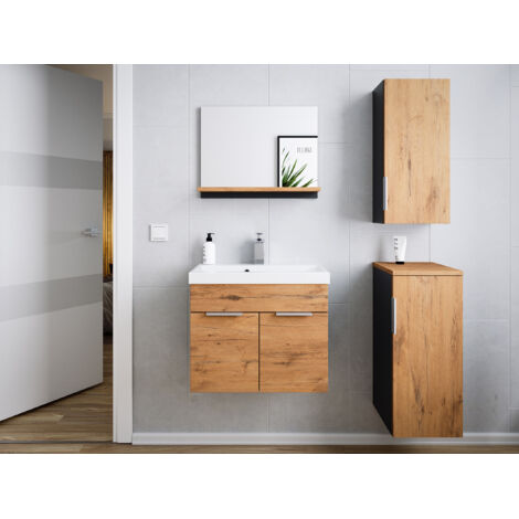 Badmöbel-Set Slimline Vega 4tlg mit Spiegel und Midischränke Oak/ grafit matt