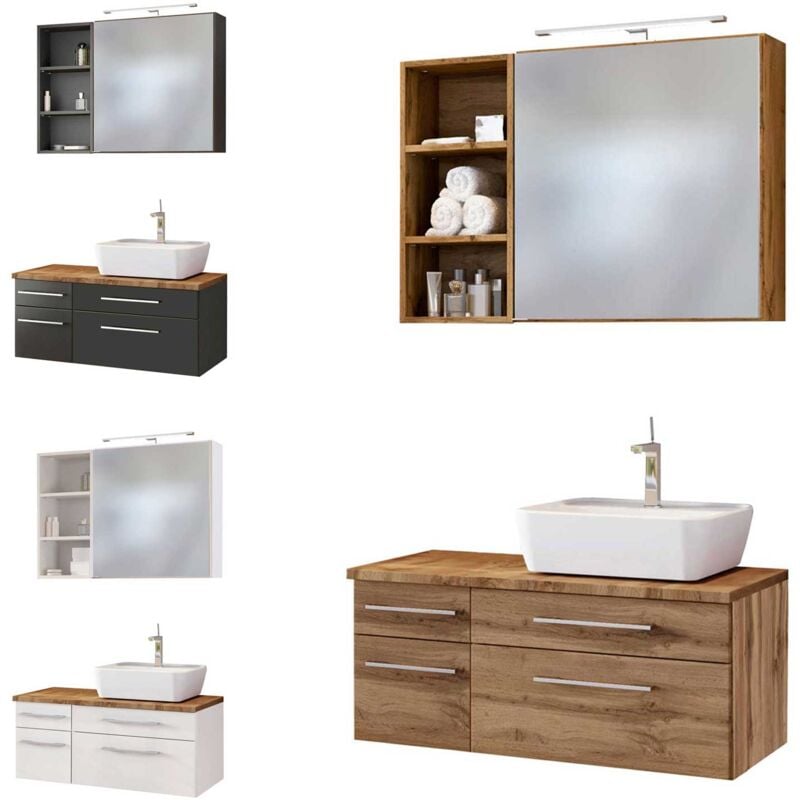 Badmöbel Set inkl. LED-Spiegelschrank 90 cm & Keramik Aufsatzwaschbecken Rechts TAREE-03 in wotaneiche Nachbildung