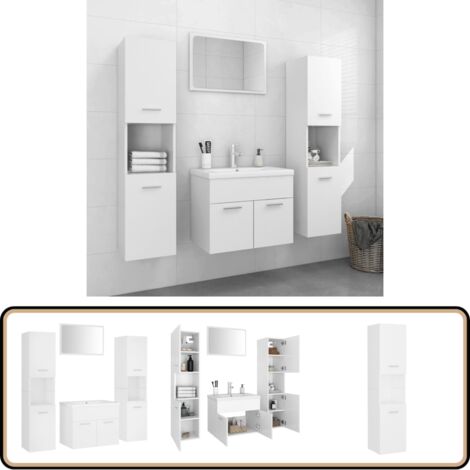 Badmöbel-Set Weiß Holzwerkstoff - Stilvolles Badmöbel-Set - Badezimmermöbel - Wandspiegel - Waschbeckenunterschrank - Hochschrank