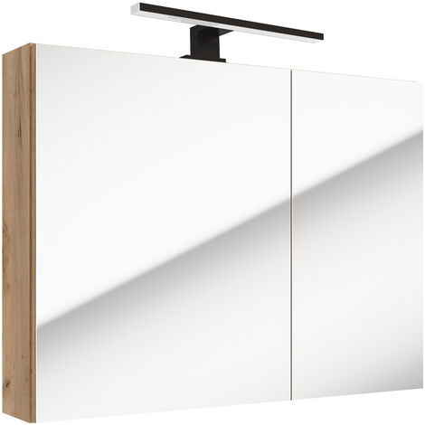 Badmöbel Spiegelschrank 80 cm mit LED Aufbauleuchte LUCCA-107 in Eiche Nb., B/H/T: ca. 80/65/15 cm