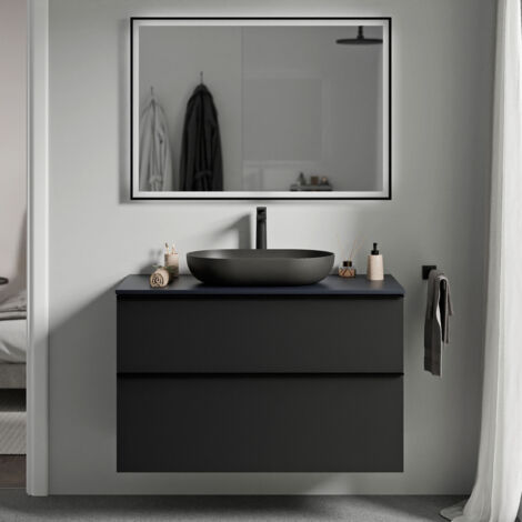 Badmöbel Unterschrank Bernstein LAVOA 100cm Badmöbel: Schwarz matt, Waschtischplatte: Mitternachtsblau matt, Metallgriff: Schwarz matt