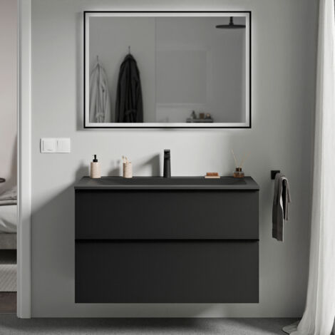 Badmöbel Unterschrank Bernstein LAVOA 100cm mit Mineralguss Waschbecken CREAM Badmöbel: Schwarz matt, Metallgriff: Schwarz matt, Waschbecken: Schwarz matt mit Hahnloch